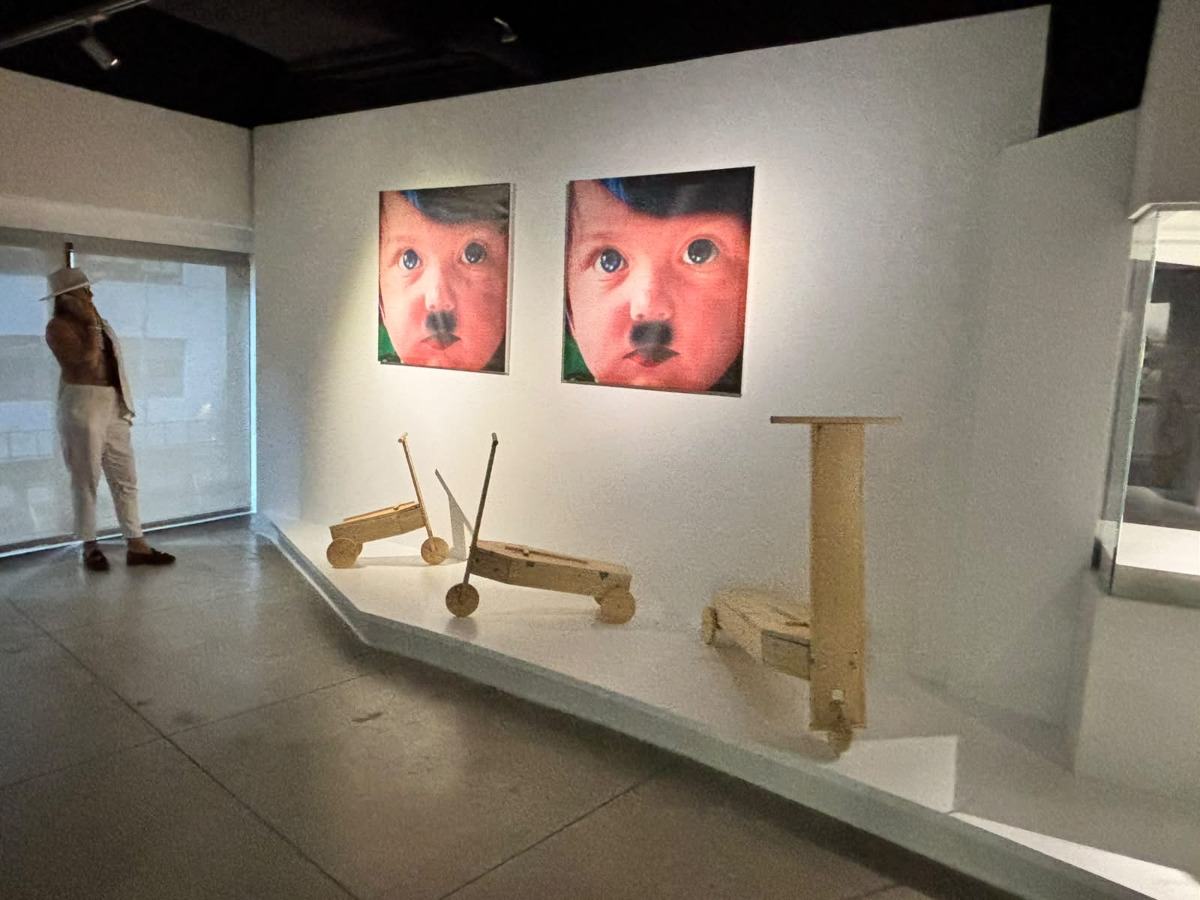 Jiří Surůvka: Twins, digital print, 2 pcs, 1997, and Youth Forward, objects, 3 pcs, 2025