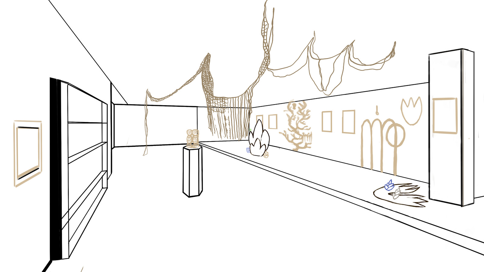 Vizualizace instalace výstavy Buničina, pohled do hlavního sálu galerie HEX