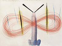 Lucie Ferliková – Infinity – Snake's Gaze – Frowning Brow – Antennae – Lover's Wrath – Beast's Claws – Nose and Penis – Butterfly, aniline, colored pencil on paper, 100×70 cm, 2014