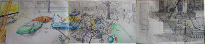 Lucie Ferliková, Dream about battle between unbeatable skeletons and a ghost of the ancestor, 76-356 cm marker, ballpoint pen, pencil, china ink on paper, 2008