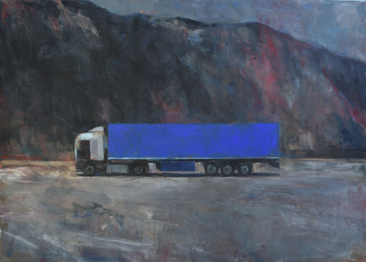 Modrý náklaďák, akryl na plátně, 100×140 cm, 2021 - dílo od Karel Řepa