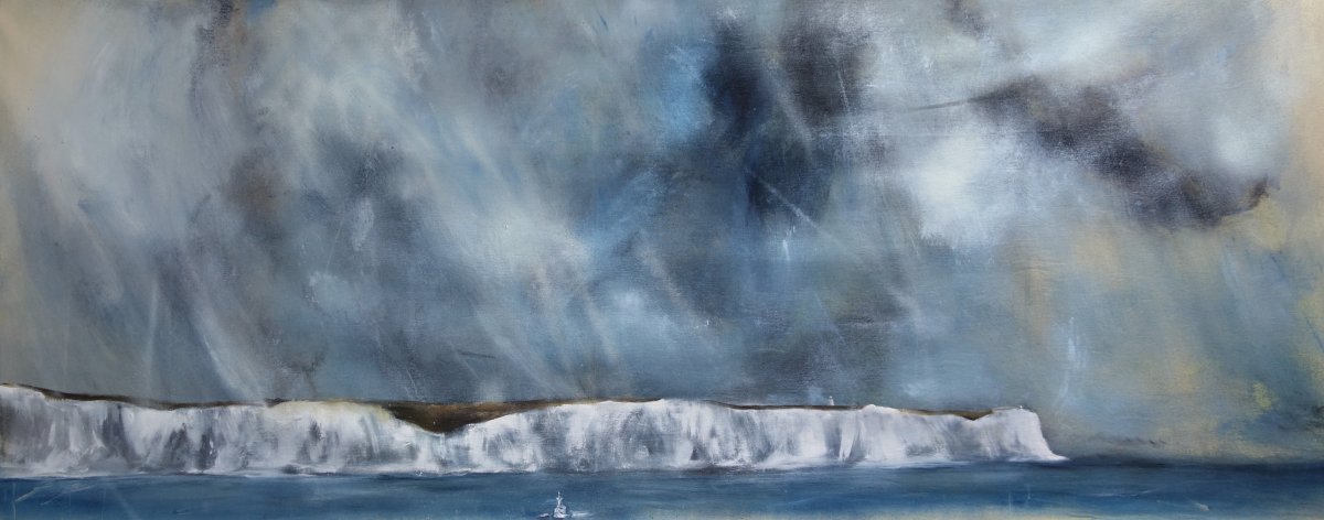 White Cliffs of Dover, 85×190 cm, oil and spray paint on canvas, 2026 - artwork by Jan Pražan