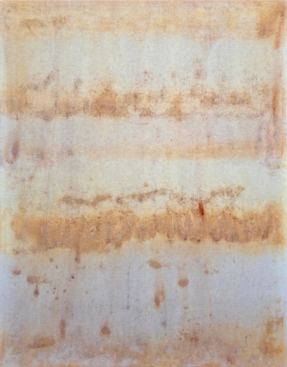 Slope, natural pigments from Rudice on canvas (dried-up pool), 133×104 cm, 2025 - artwork by Jan Karpíšek