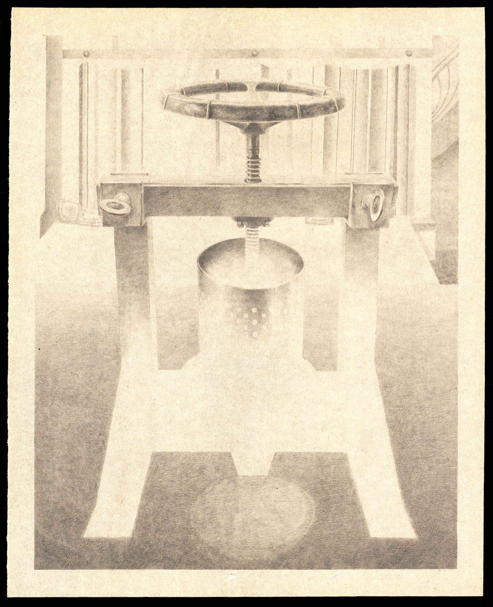untitled (press), graphite on paper, 85 × 100 cm, 2026 - artwork by Sebastian Karvay