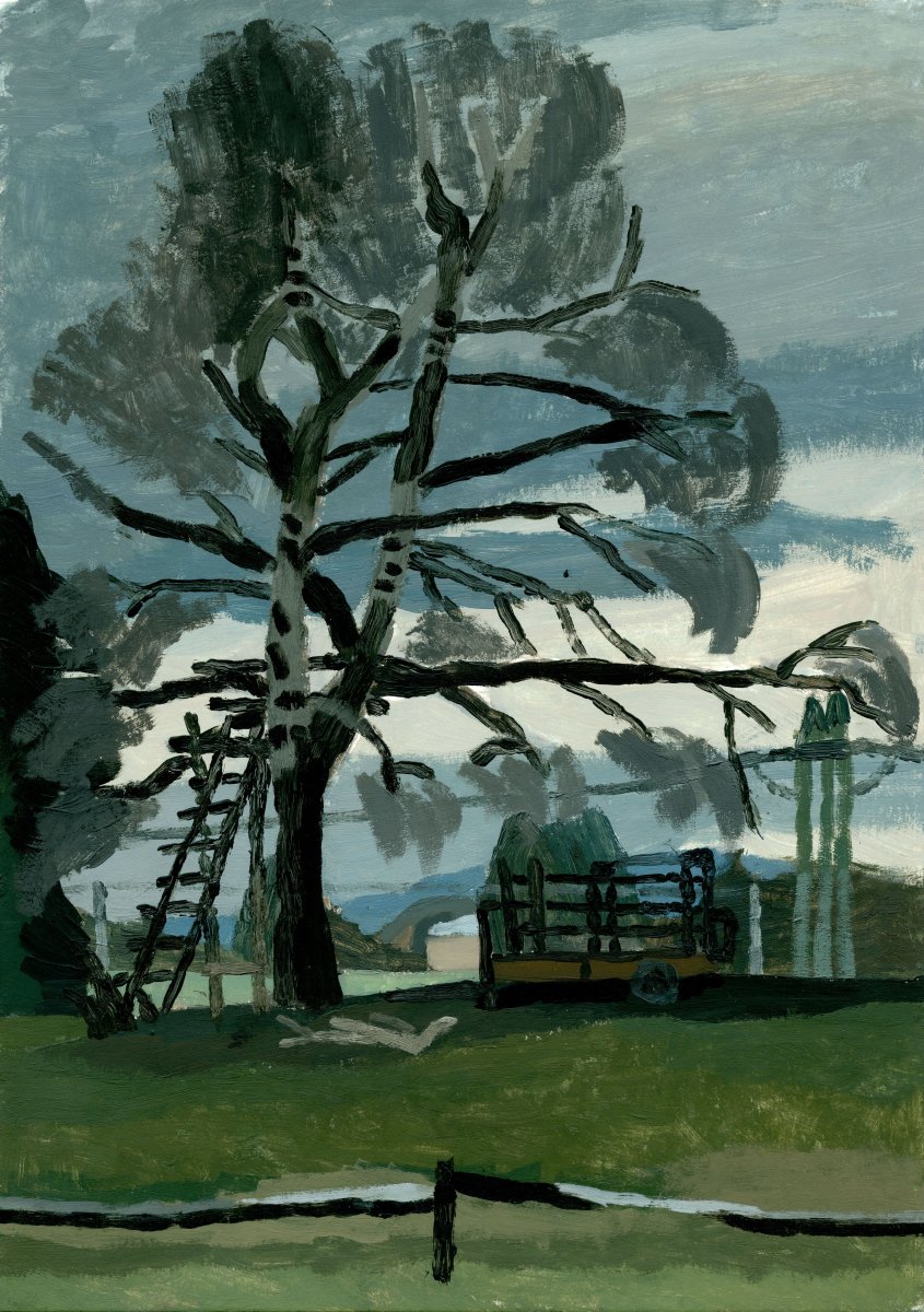 Bříza na pastvině, tempera na papíře, 21 x 29,7 cm, 2023 - artwork by Jakub Dvořák