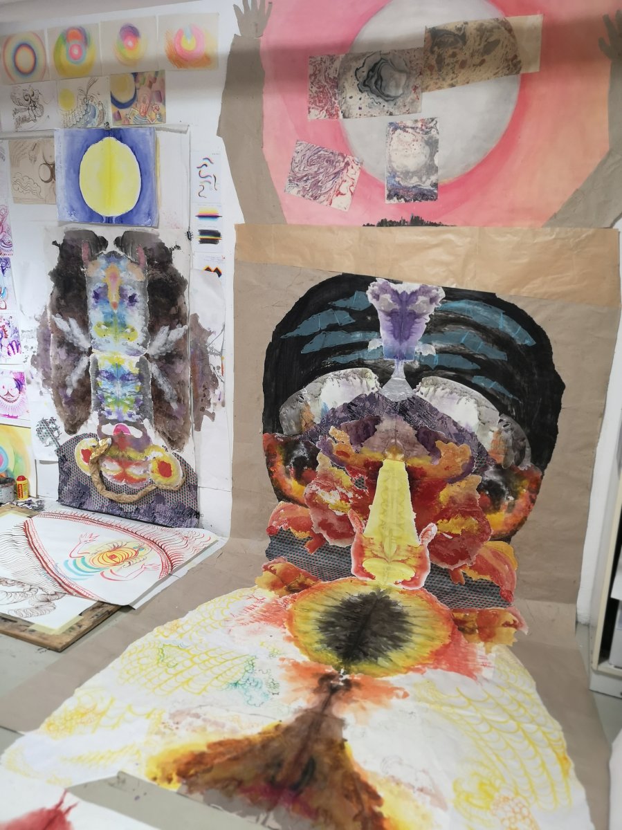 collage Earth of me( in Czech lang.Země ze mě), Totem  and other in my atelier, 2023 - artwork by Lucie Ferliková