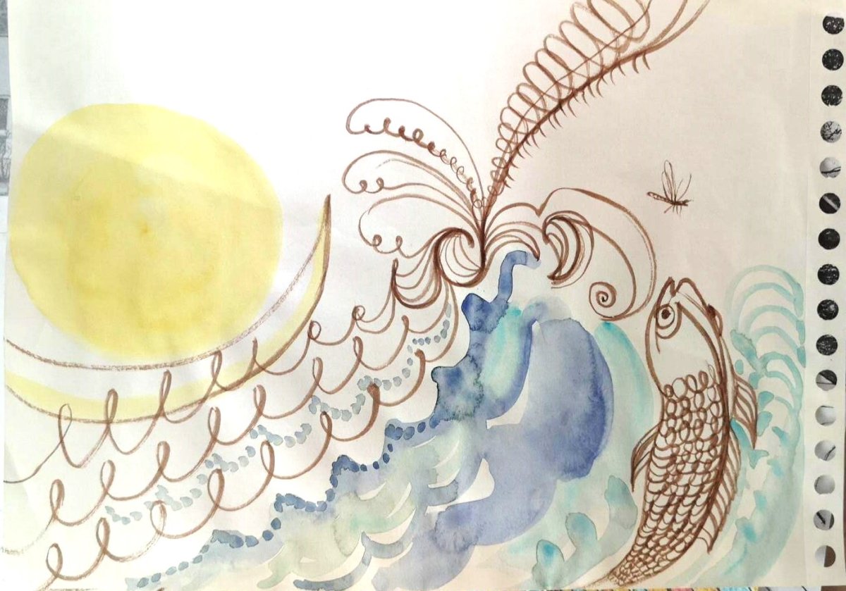 small draving, solar barge and fish above the surface,2022 - artwork by Lucie Ferliková