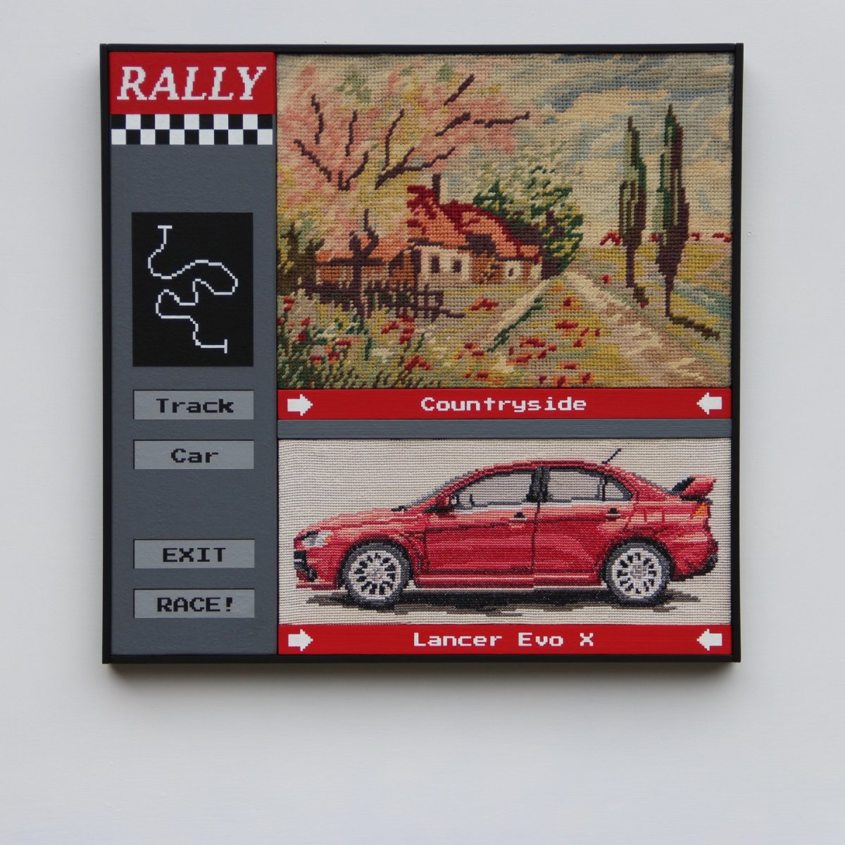 :::RALLY:::MENU::: (akryl na dřevě, vyšívaný obraz, 42 x 43,5 cm, 2024) - artwork by Vojtěch Luksch