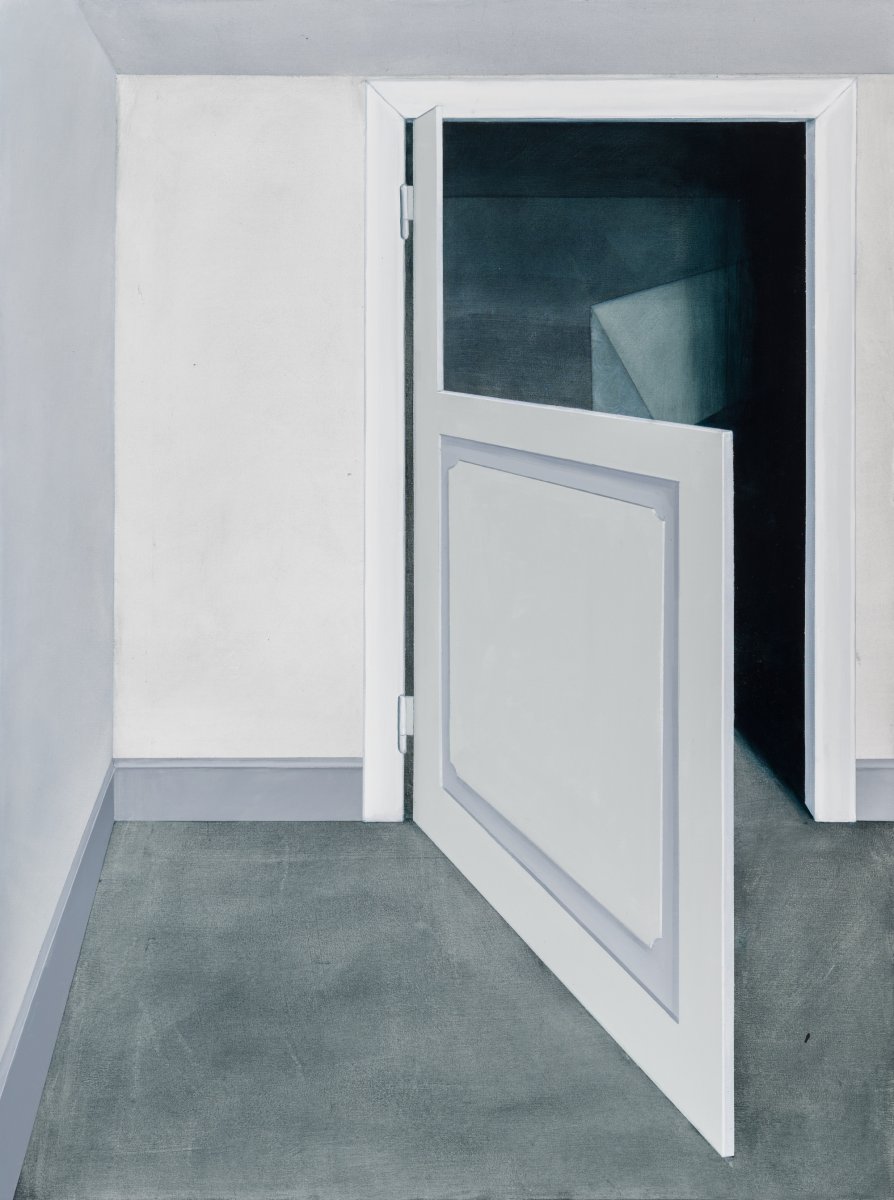 La puerta que no te encaja, acrílico y óleo sobre lienzo, 120 × 160 cm, 2025 - obra de Renata Jelínková