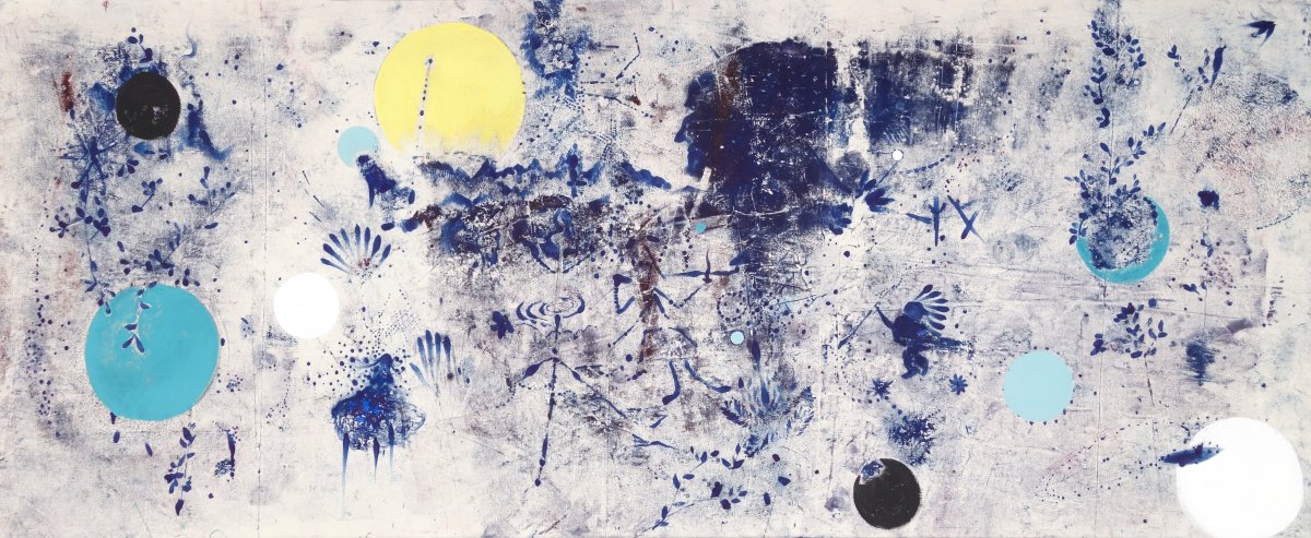 Ancestor's Tale, 95×230 cm, acrylic and linocut on canvas, 2024 - artwork by Jan Pražan