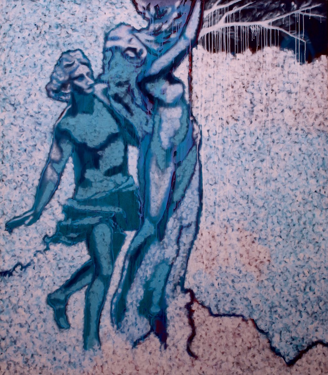 Apollón a Dafné podle Berniniho, akryl na plátně, 220 × 190 cm, 2025 - artwork by Simona Ticháčková