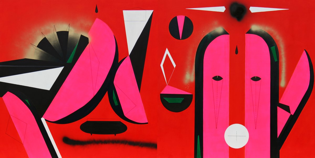 Watermelon Sugar iDEATH I–II, acrylic, golden spray on canvas, 100 × 200 cm, 2023 - artwork by Katarina Balunova