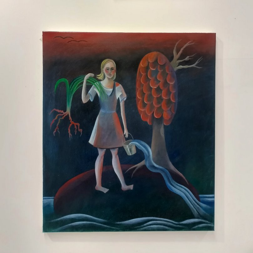 Kde se člověk dotýká země 3, olej na plátně, 65 × 90 cm, 2026 - artwork by Bára Gehringerová