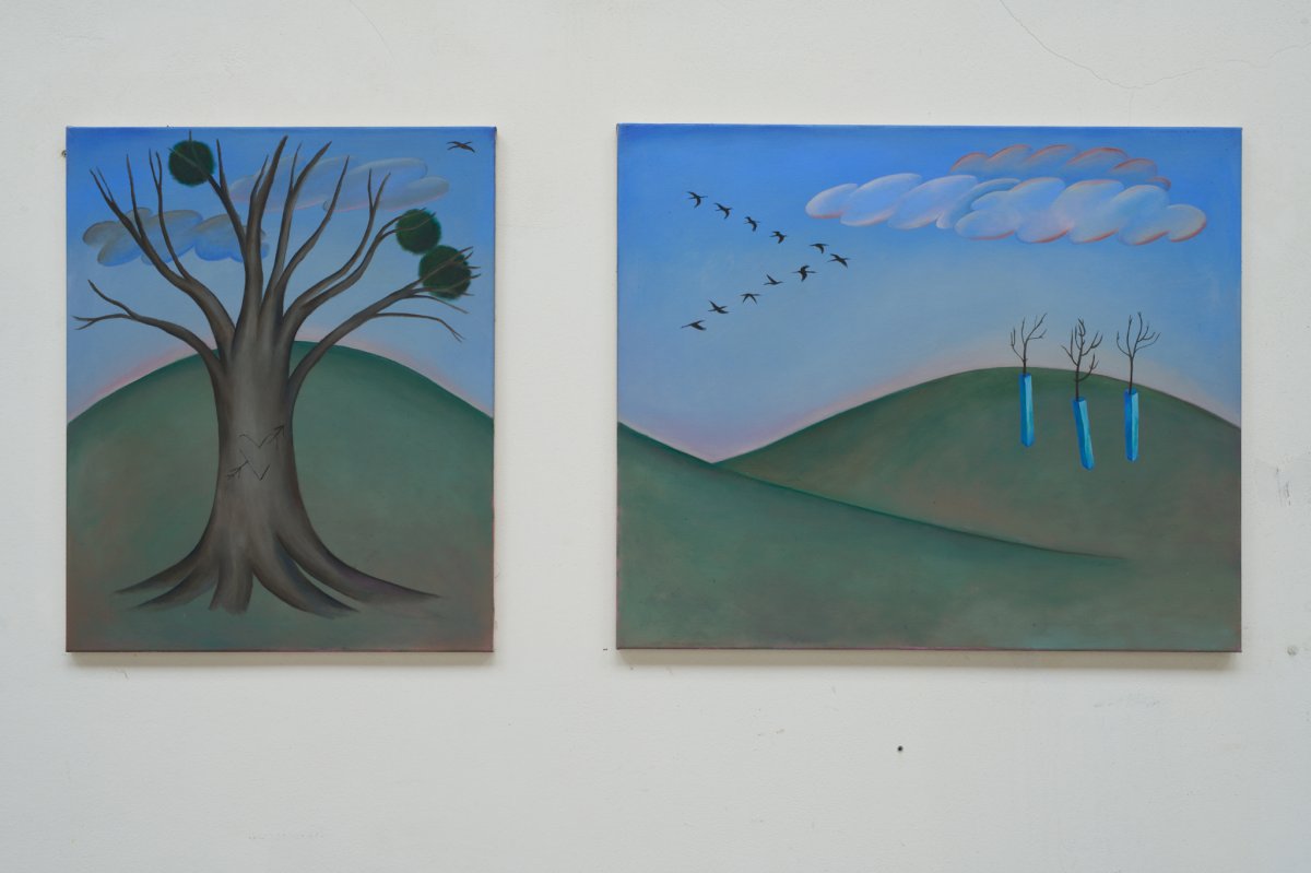 Jaro na kopci (diptych), olej na plátně, 70 × 50 cm a 70 × 90 cm, 2026 - artwork by Bára Gehringerová