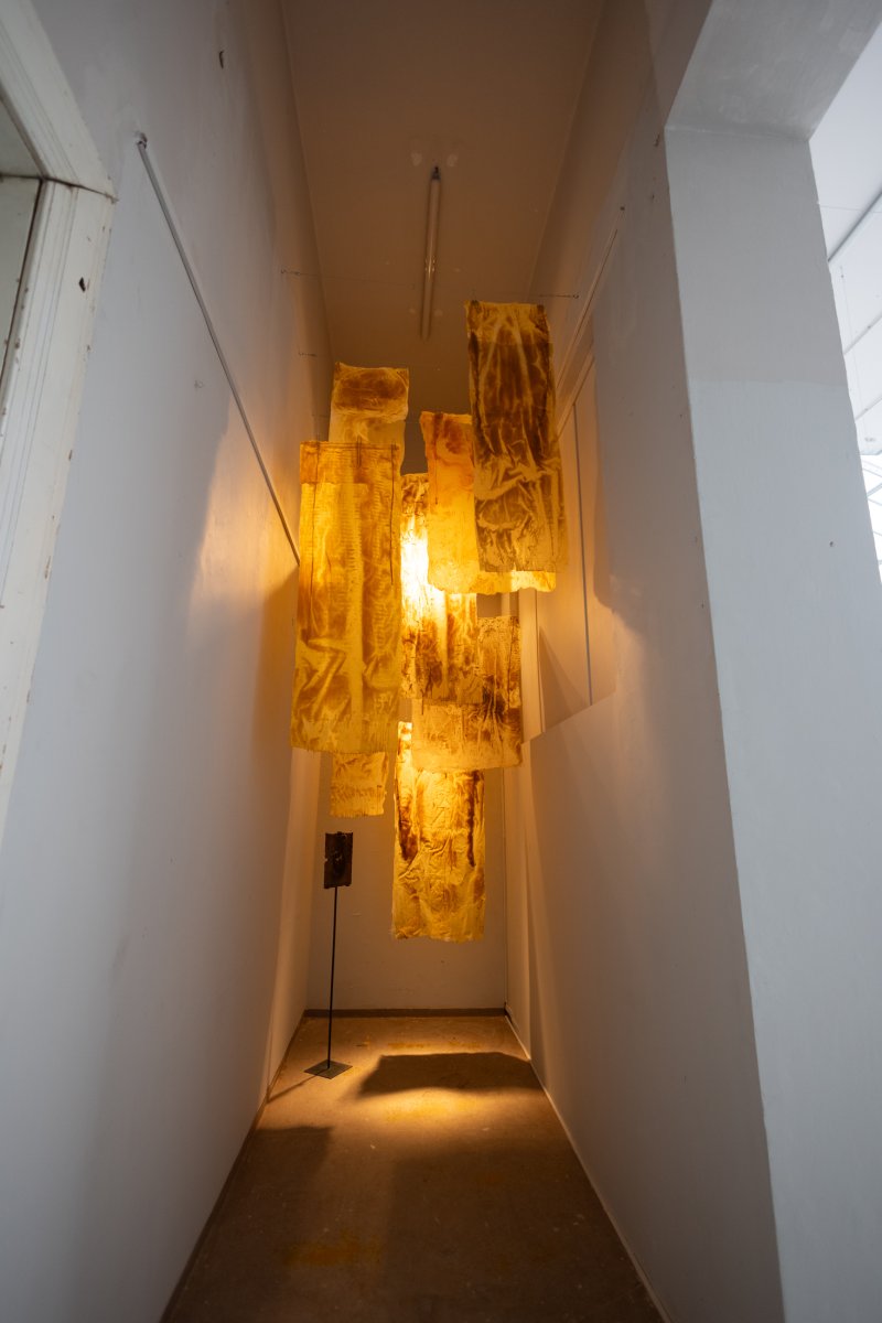 WHAT IS THE SPACE OF NIGHTMARES AND DREAMS ACTUALLY MADE OF?, 2025, včelí vosk, gáza, bronz, kov - artwork by Emma Štěpánová