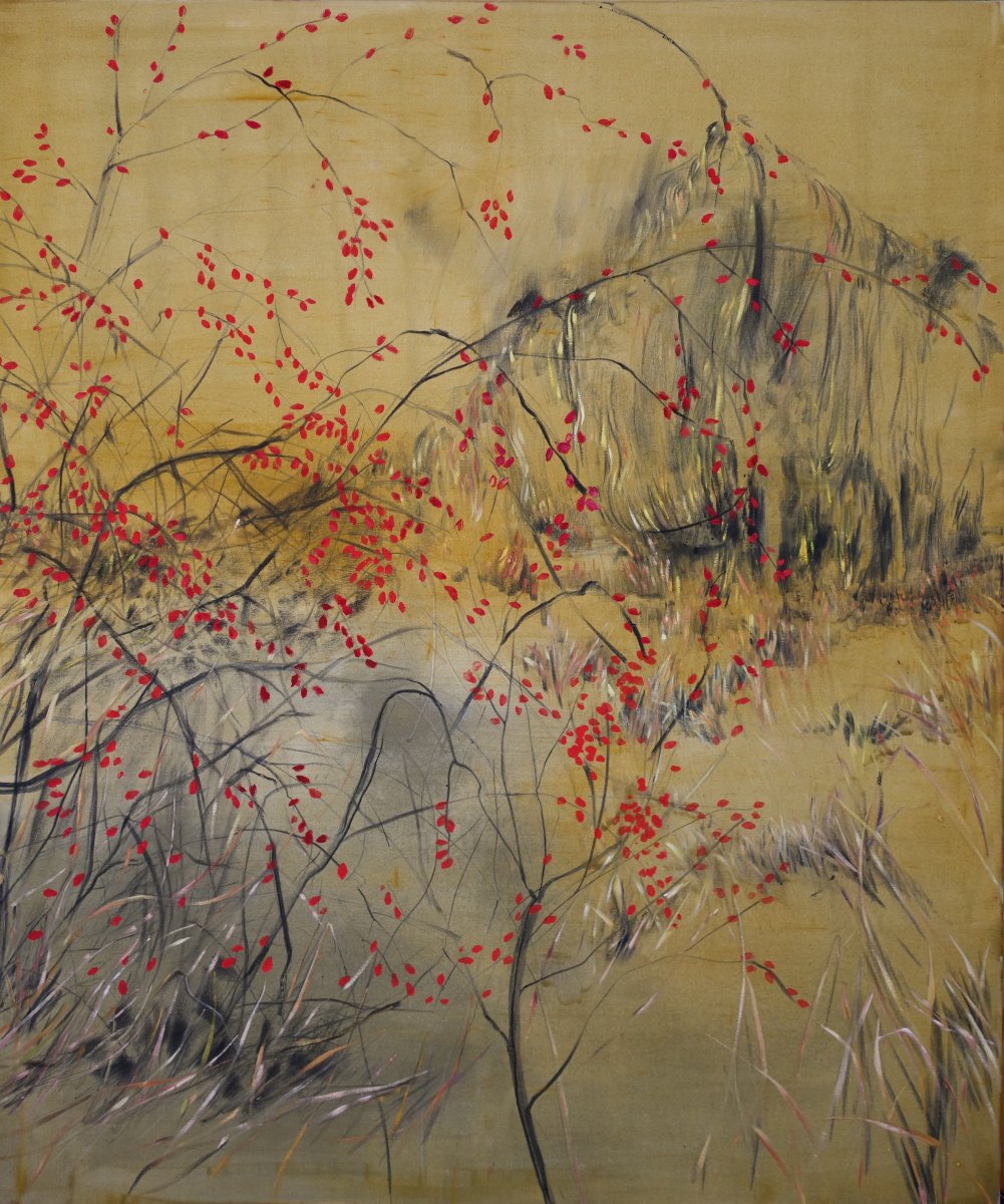 Rose Hips near Salaš, 17×140 cm, oil on canvas, 2026 - artwork by Jan Pražan