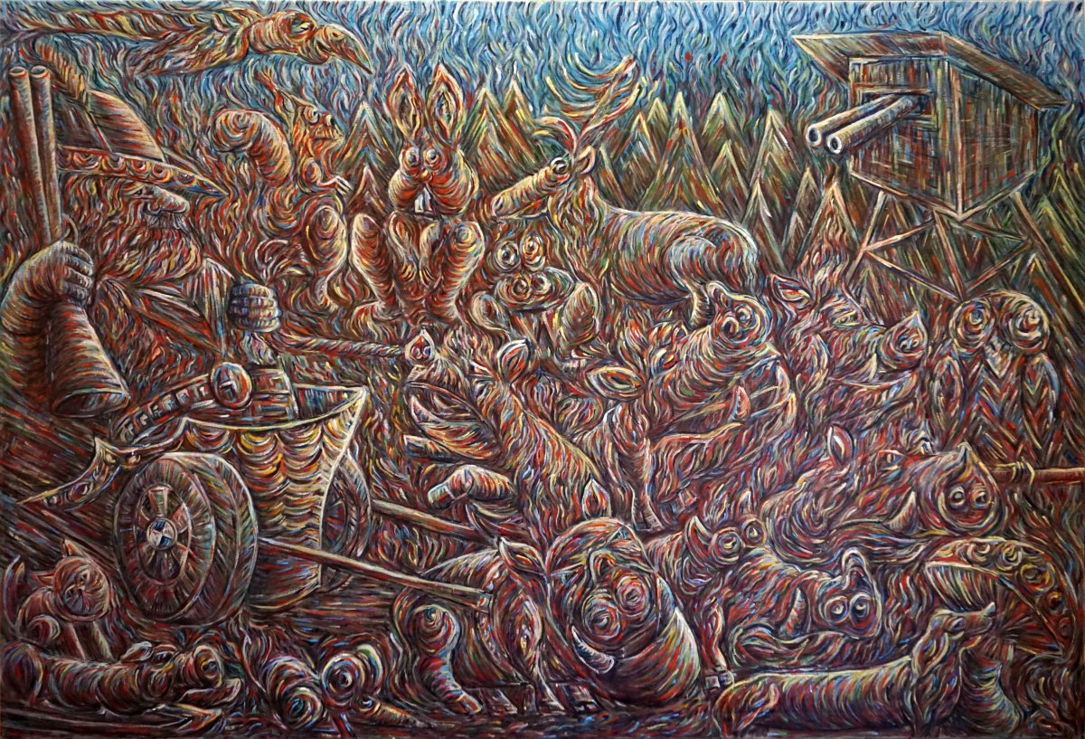 A Gamekeeper On A Chariot With A Sled Of Boars, oil on canvas, 220x150cm, 2023 - artwork by Hynek Bařák