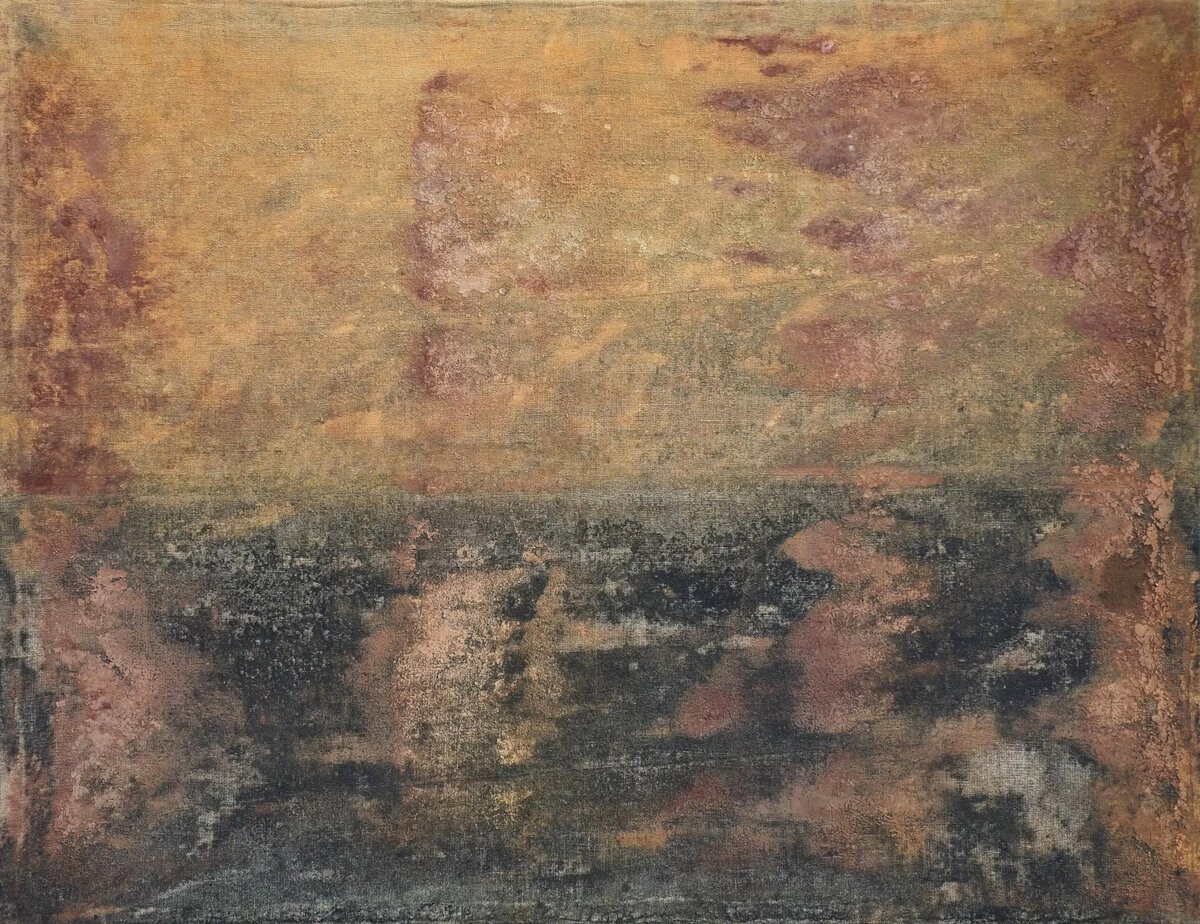 Sea and Sky, reverse of a dried-up puddle, natural earth pigments and biochar on linen canvas, 104 × 135 cm, 2026 - dílo od Jan Karpíšek