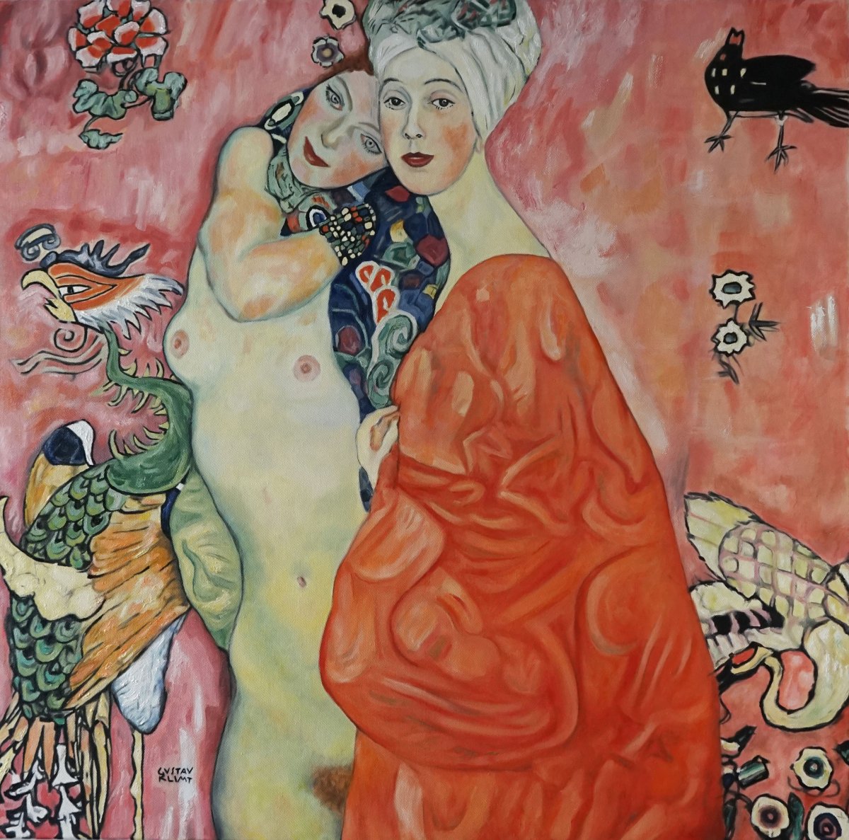 Gustav Klimt, Přítelkyně – kopie, olej na plátně, 100×100 cm, 2026 - dílo od Zuzana Hřivňacká Vágnerová