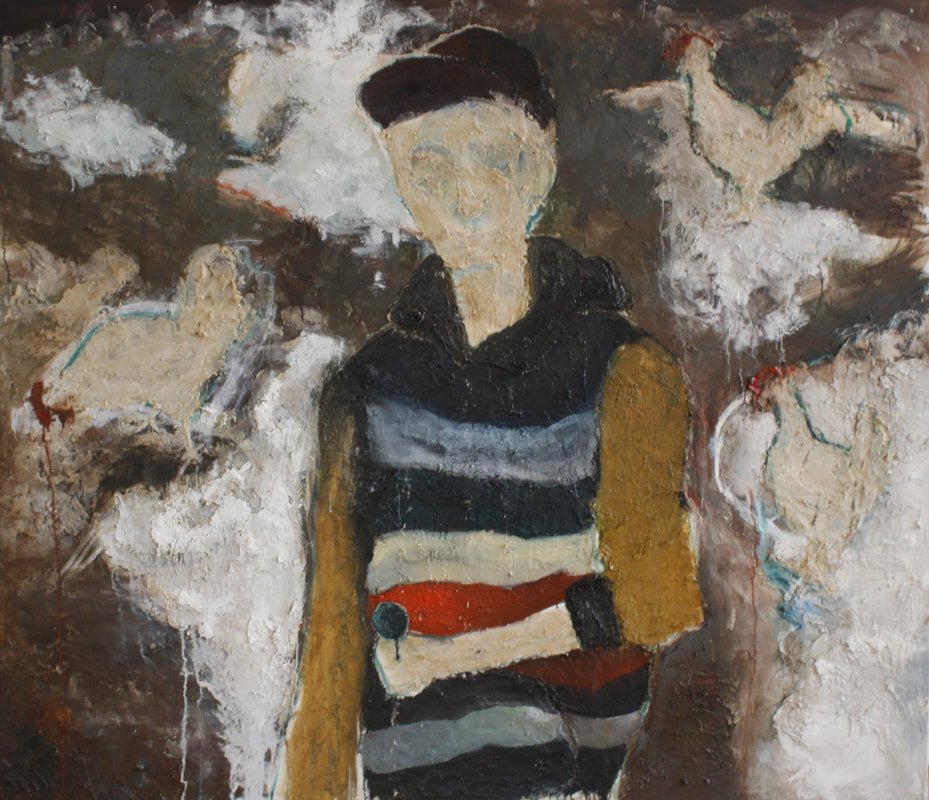 Cowshed, mixed media on canvas, 190 × 220 cm, 2017 - artwork by Martina Valchářová
