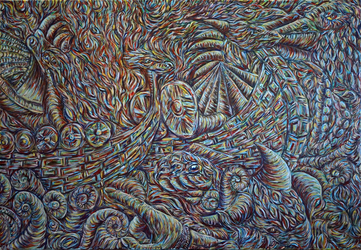 Drakkars & Leviathan, olej na plátně, 115×80 cm, 2026 - dílo od Hynek Bařák