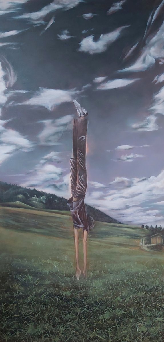 Losing Gravity (“Kehilangan Gravitasi”), cat minyak di atas kanvas, 140 × 70 cm, 2025 - karya Melanie Bäreis