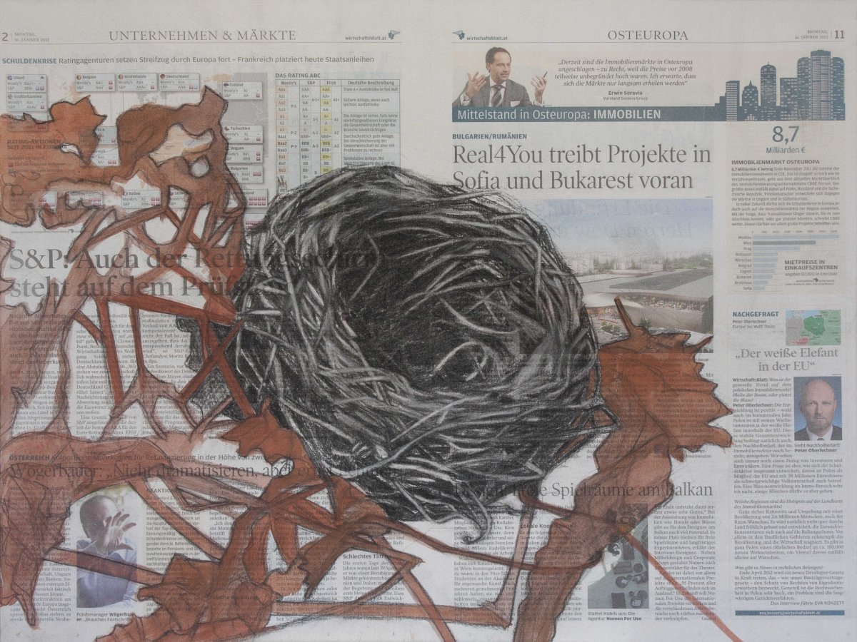 Nest Nr.3, 2012 Charcoal/newsprint on wooden panel, 60 x 45 cm - artwork by Andy Wallenta