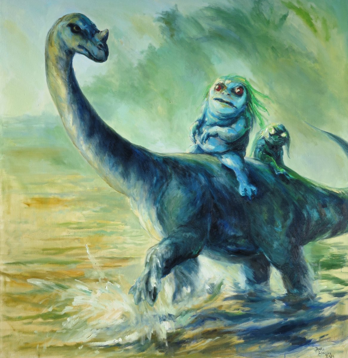 Watergoblins and mokele, 2025, oil on canvas, 150x145 cm, 2025, author's depository - artwork by Jirka Houska