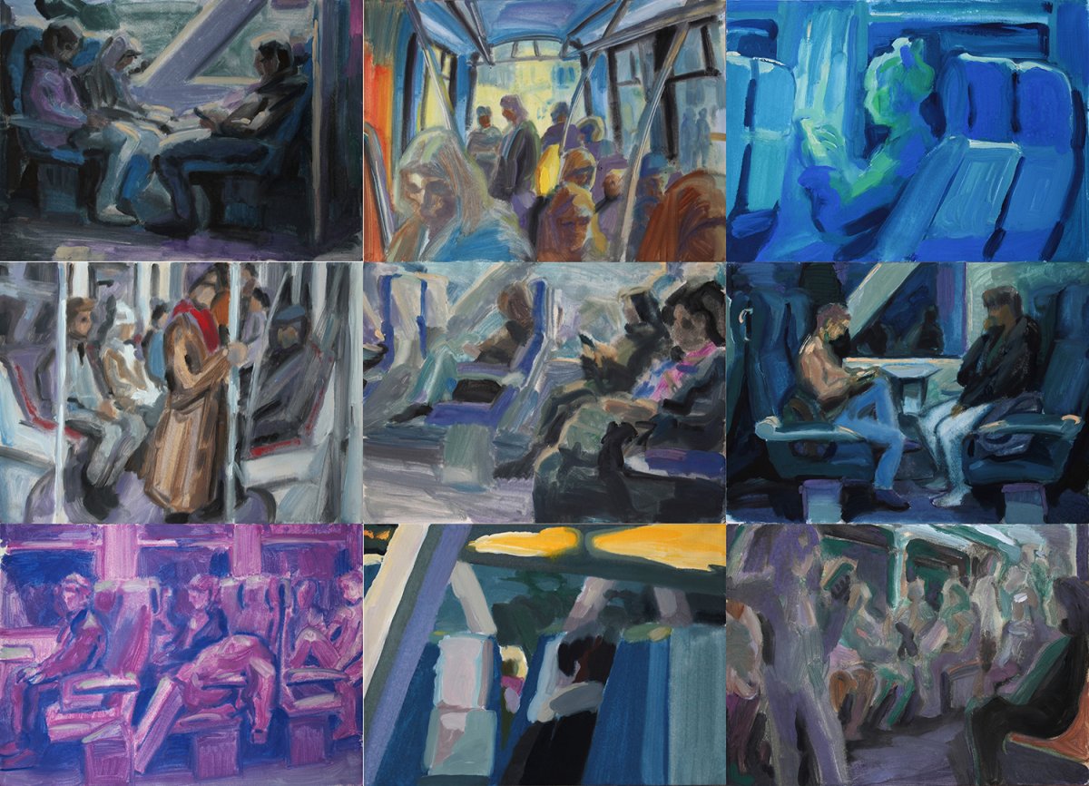 z cyklu Momenty (Cestující), 2022-23, tempera na papíře, 126×178 cm - artwork by Jaroslav Grodl