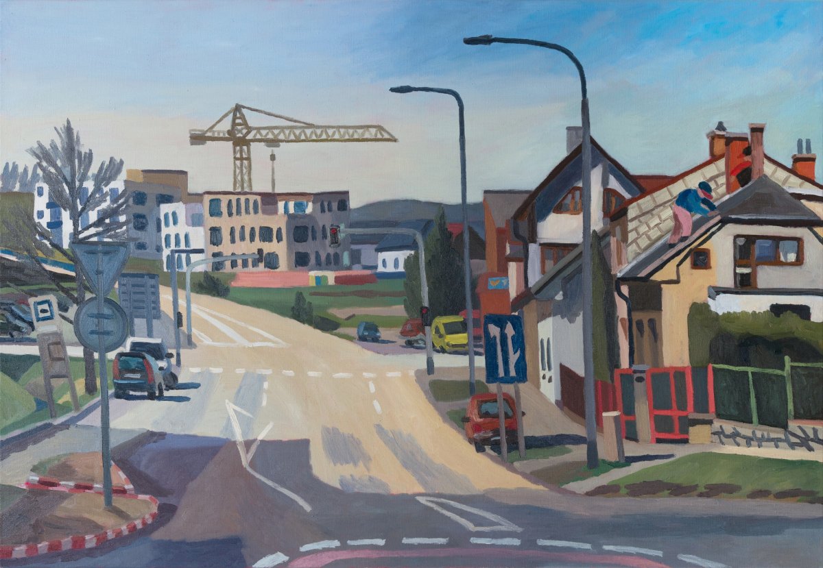 Křižovatka za kruhovým objezdem - společně s Michaelou Novákovou, olej na plátně, 100 x 145 cm, 2024 - artwork by Jakub Dvořák