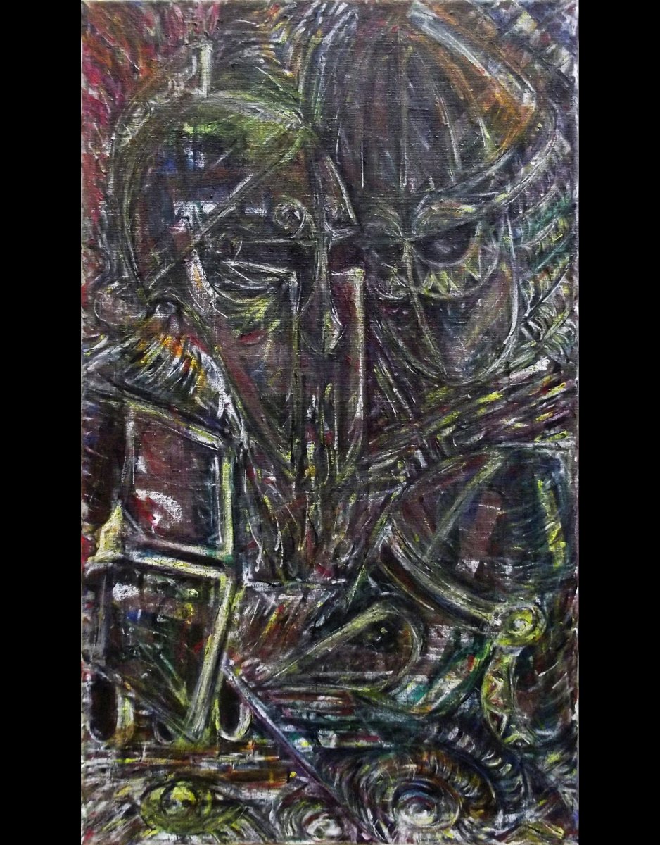 Helmets, kombinovaná technika na plátně, 45x80cm, 2016 - artwork by Hynek Bařák