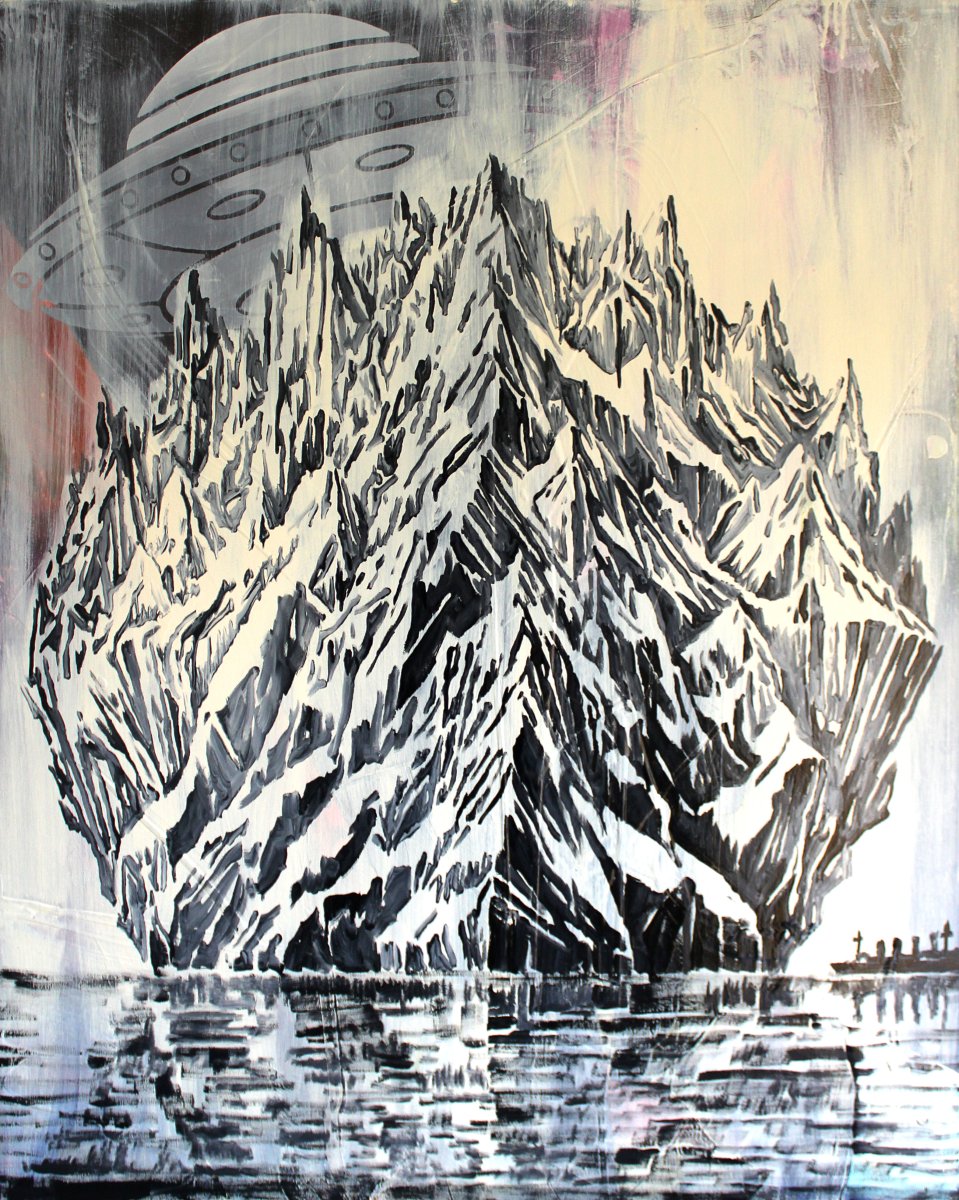 Kosmická loď a led, olej a syntetika na plátně, 100×80 cm, 2025 - dílo od Jakub Hvězda