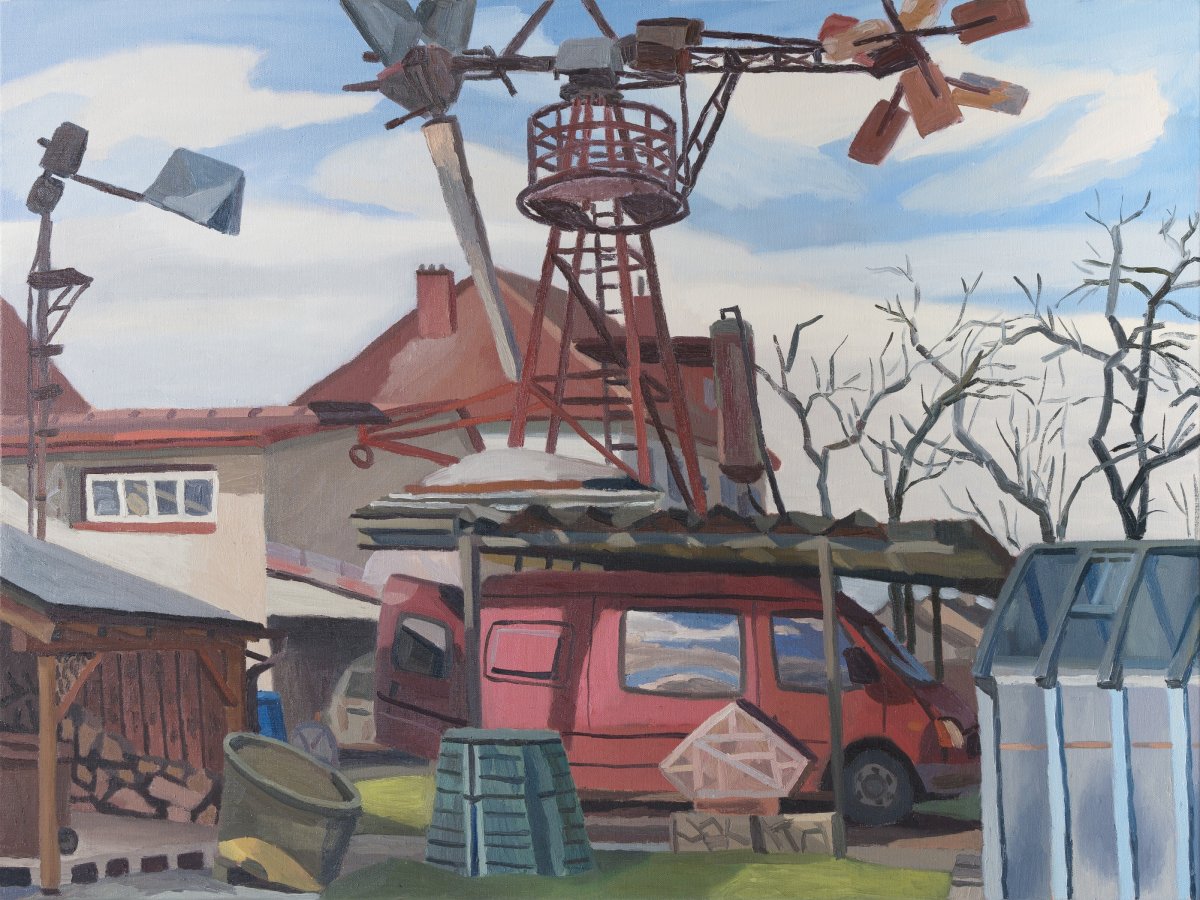 Dvorek pod větrnou elektrárnou - společně s Michaelou Novákovou, olej na plátně, 120 x 90 cm, 2024 - artwork by Jakub Dvořák