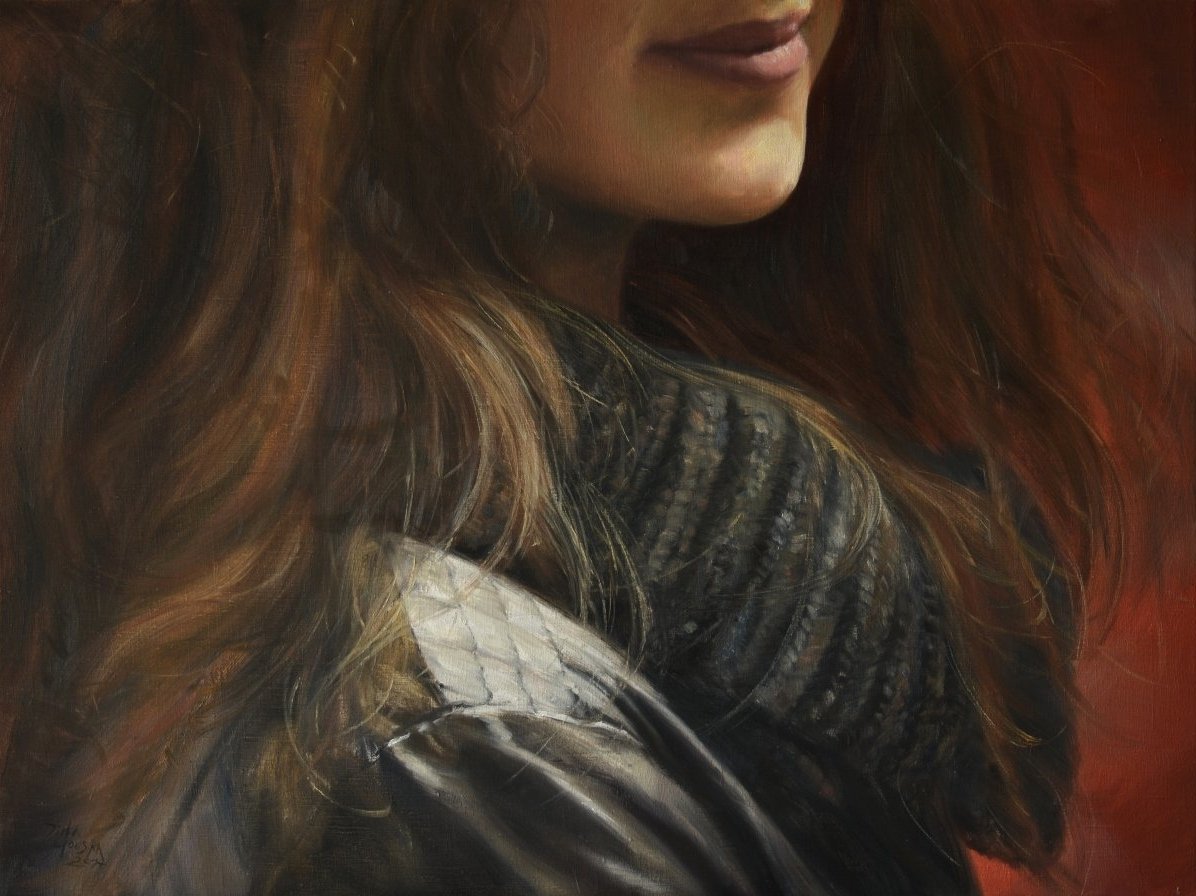 Half-portrait with red background, 75x100 cm, year 2014, oil on canvas, Kooperativa Gallery collection - artwork by Jirka Houska