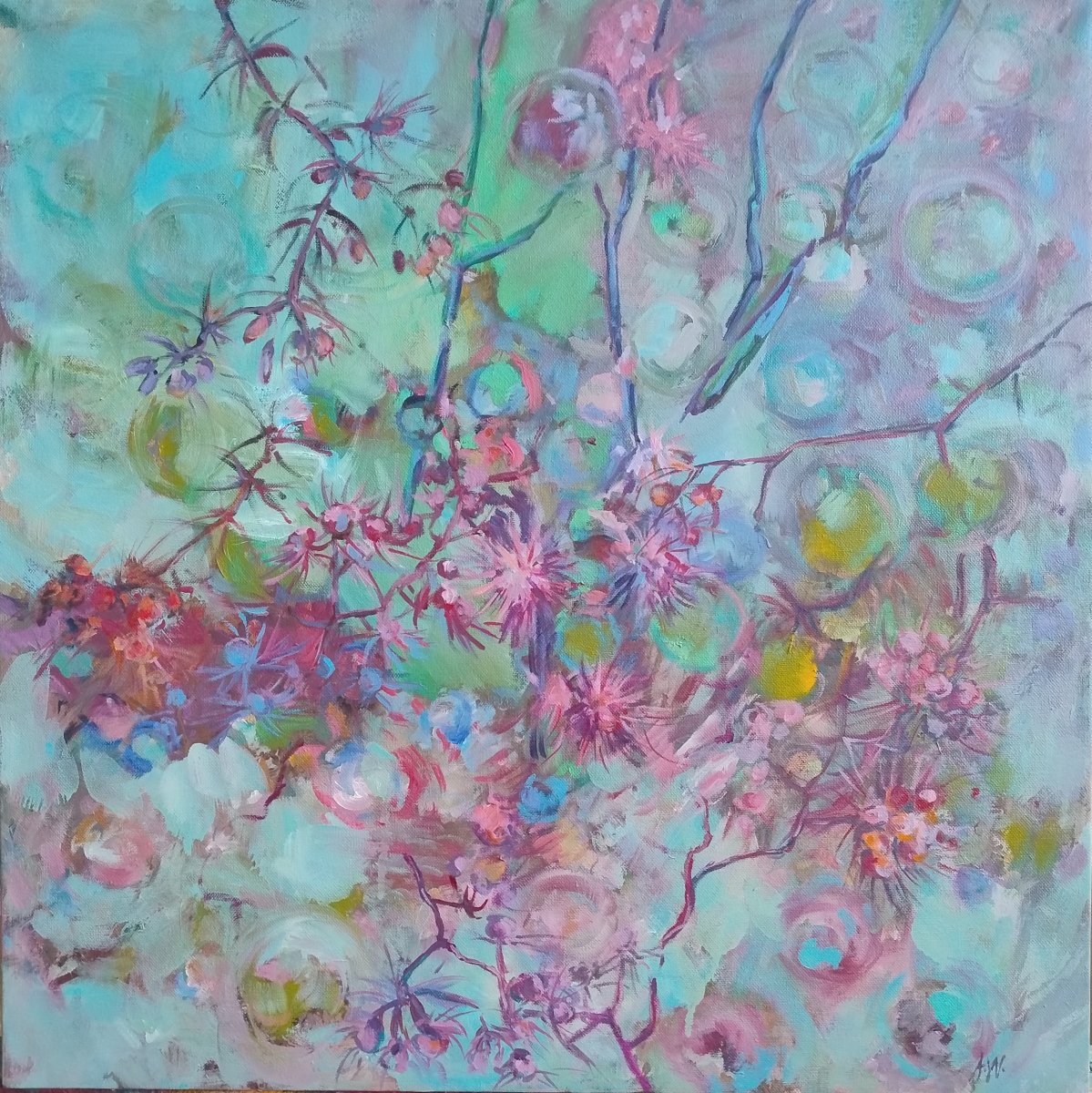 Schovávačka v rose, olej na plátně, 58 × 58 cm, 2025 - dílo od Alice Waisserová