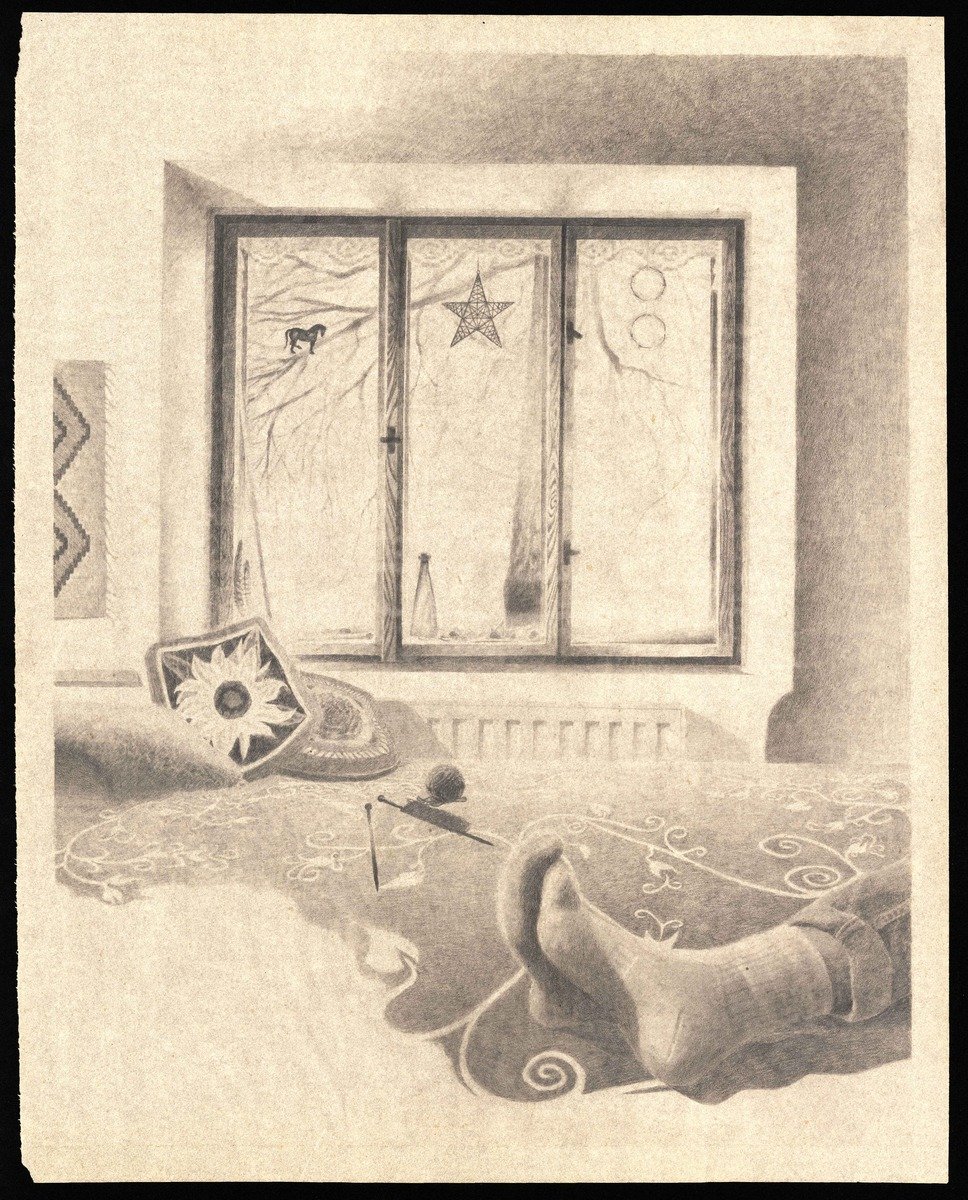 untitled (view from the stove), graphite on paper, 85 × 100 cm, 2026 - artwork by Sebastian Karvay