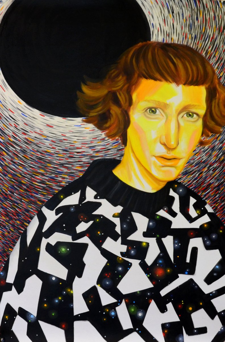 Self portrait with a black hole, 103 x 69, oil on canvas, 2024 - artwork by Lenka Jirková Táborská