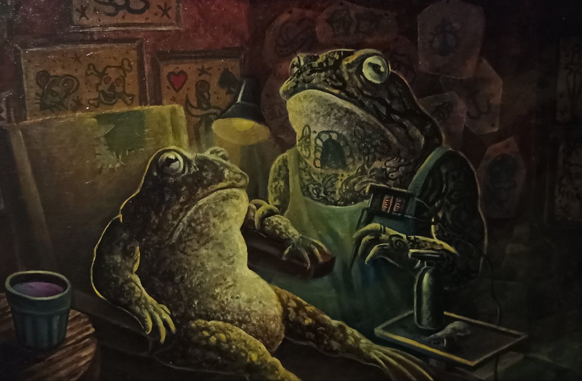 PRVNÍ TETOVÁNÍ, olej na plátně na rámu, 60 x 40 x 3,5cm, 2025 - artwork by Michaela Hromadová