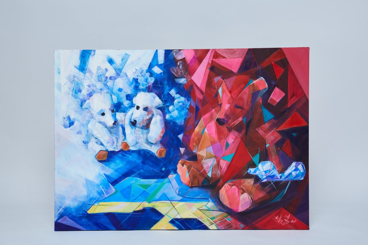Tears of the Bear (Russia–Ukraine War) („Slzy medvěda (rusko-ukrajinská válka)“), olej na plátně, 90,9 × 72,7 cm, 2024 - dílo od Jeon Daesung