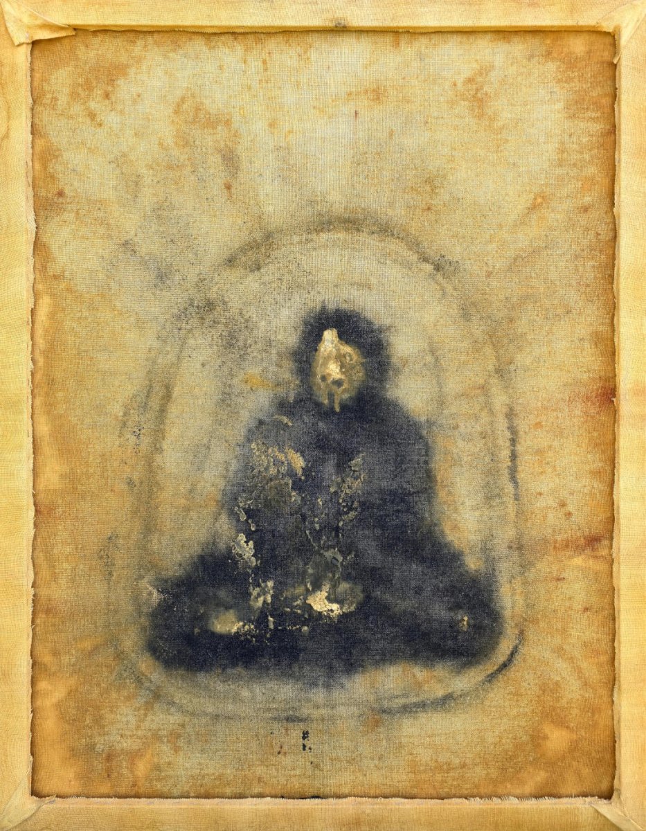 Black Buddha, reverse of a dried-up puddle, natural earth pigments and biochar on linen canvas, 135 × 105 cm, 2026 - artwork by Jan Karpíšek