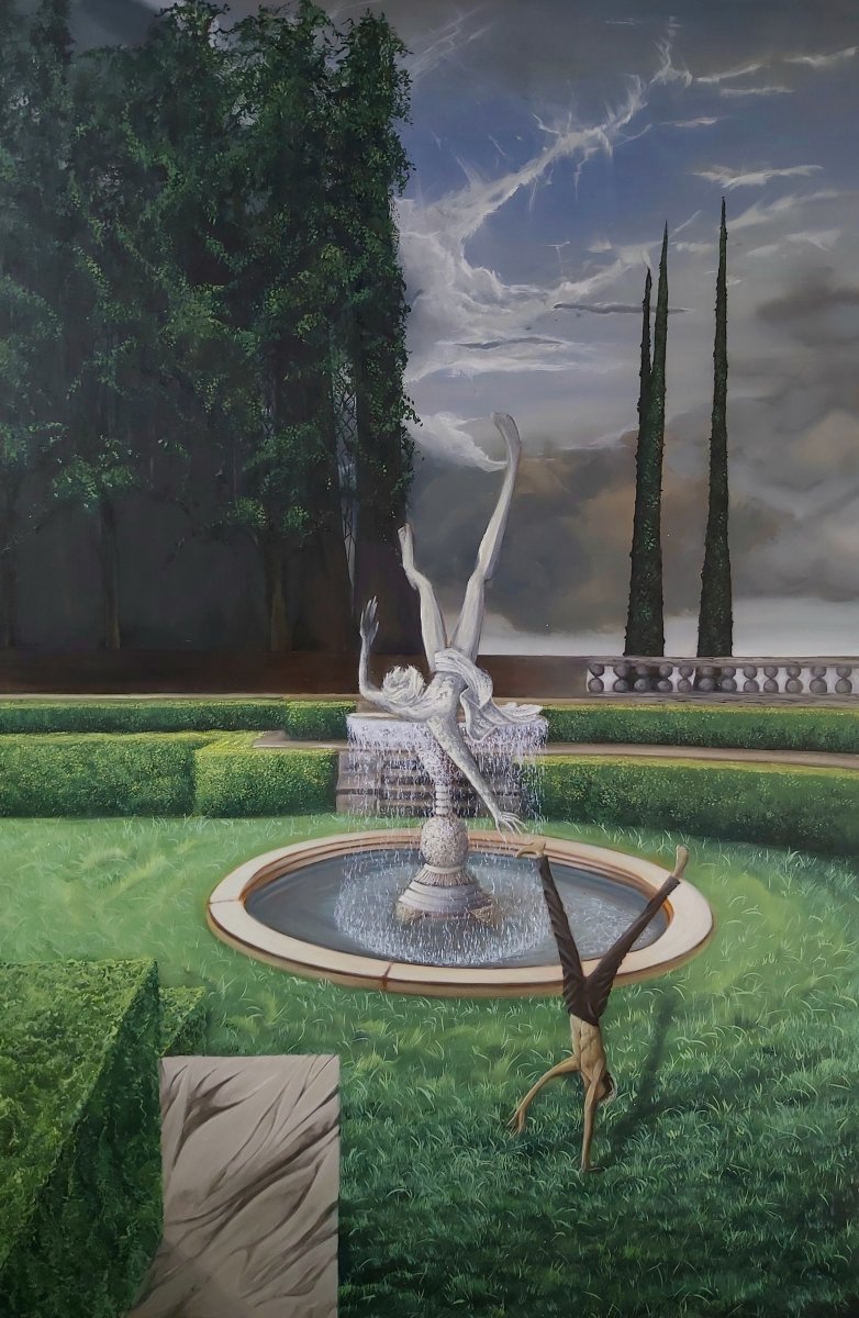L’Étude de la Chute (“Studi tentang Kejatuhan”), cat minyak di atas kanvas, 150 × 100 cm, 2025 - karya Melanie Bäreis