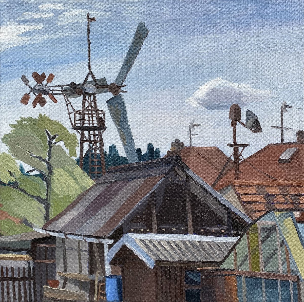 Pohled na větrnou elektrárnu, olej na plátně, 45 x 45 cm, 2023 - artwork by Jakub Dvořák