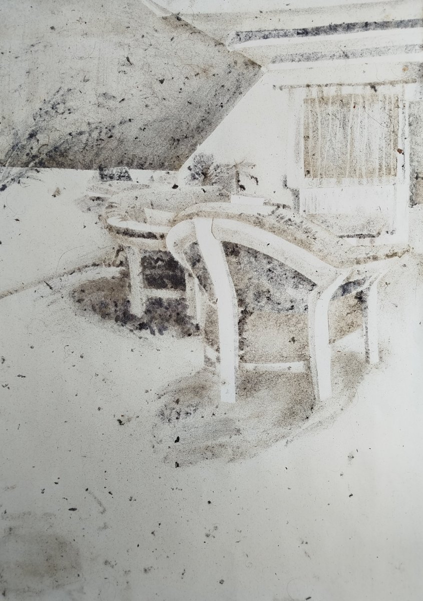 Obývák, prach na papíře, 2022, 100 × 70 cm - artwork by Lenka Zadražilová