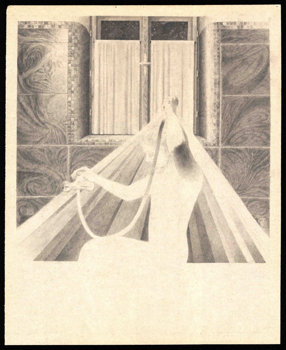 untitled (shower), graphite on paper, 85 × 100 cm, 2026 - artwork by Sebastian Karvay
