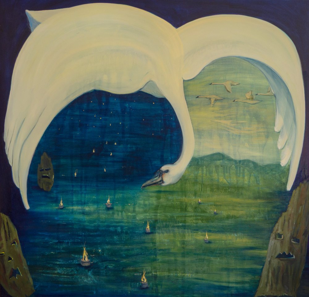 The swan, the carrier between worlds, oil on canvas, 180x170cm, 2024 - artwork by Hana Krupa