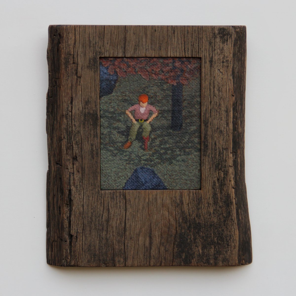 Wirtual Boy (olej, juta, dřevo, 32 x 37 cm, 2025) - artwork by Vojtěch Luksch