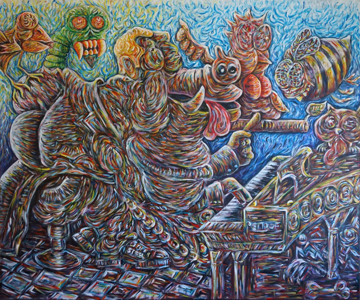 PigPianist, akryl na plátně, 160x135cm, 2026.JPG - dílo od Hynek Bařák