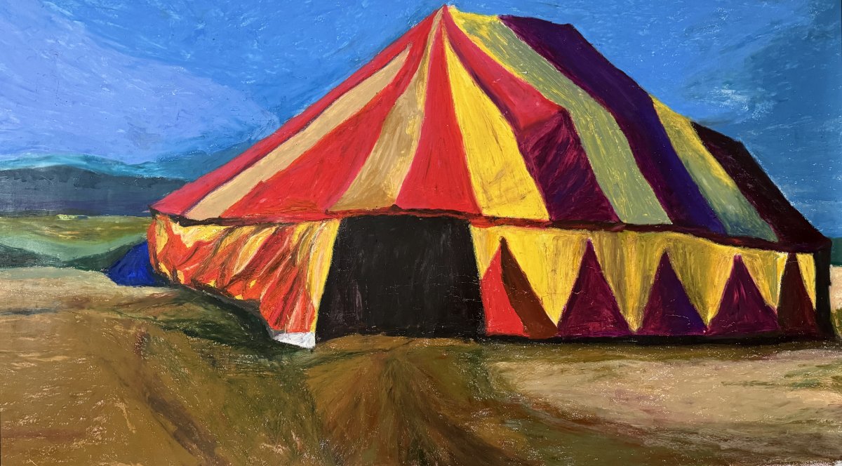 Don't Be Afraid of Anything, We'll Put Up a Big Top, oil pastel on paper, 80 × 150 cm, 2024 - artwork by Martina Valchářová