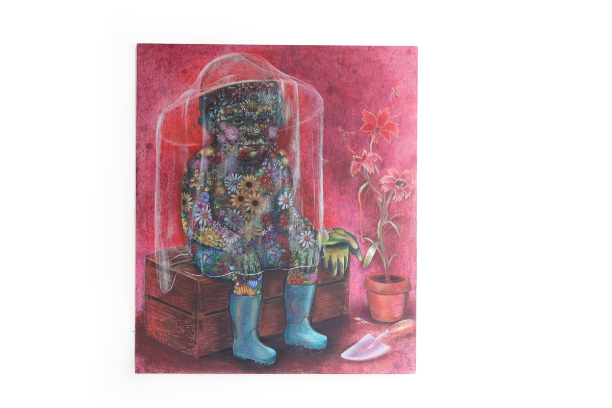 Weed-Kiddie (2025) mixed media on plywood, 83 x 71 cm - artwork by Lištica