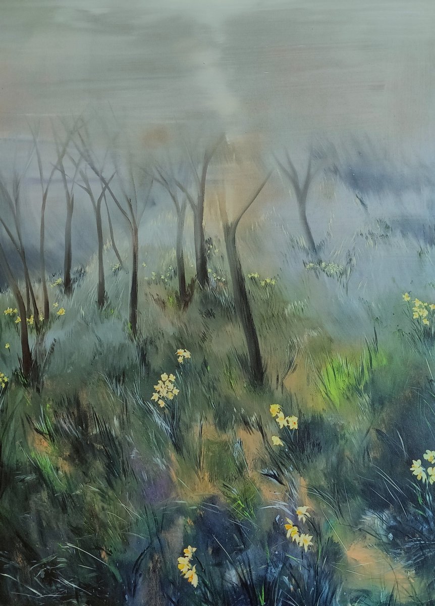 Daffodils near Manningtree, 120×90 cm, oil on canvas, 2025 - artwork by Jan Pražan